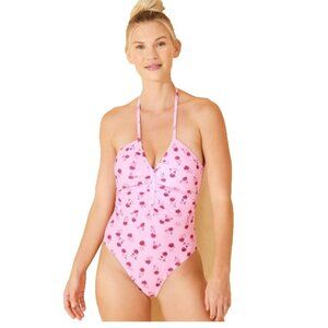 Women's Swimsuit Size M Shirred Plunge Neck Medium Coverage One Piece Pink Roses